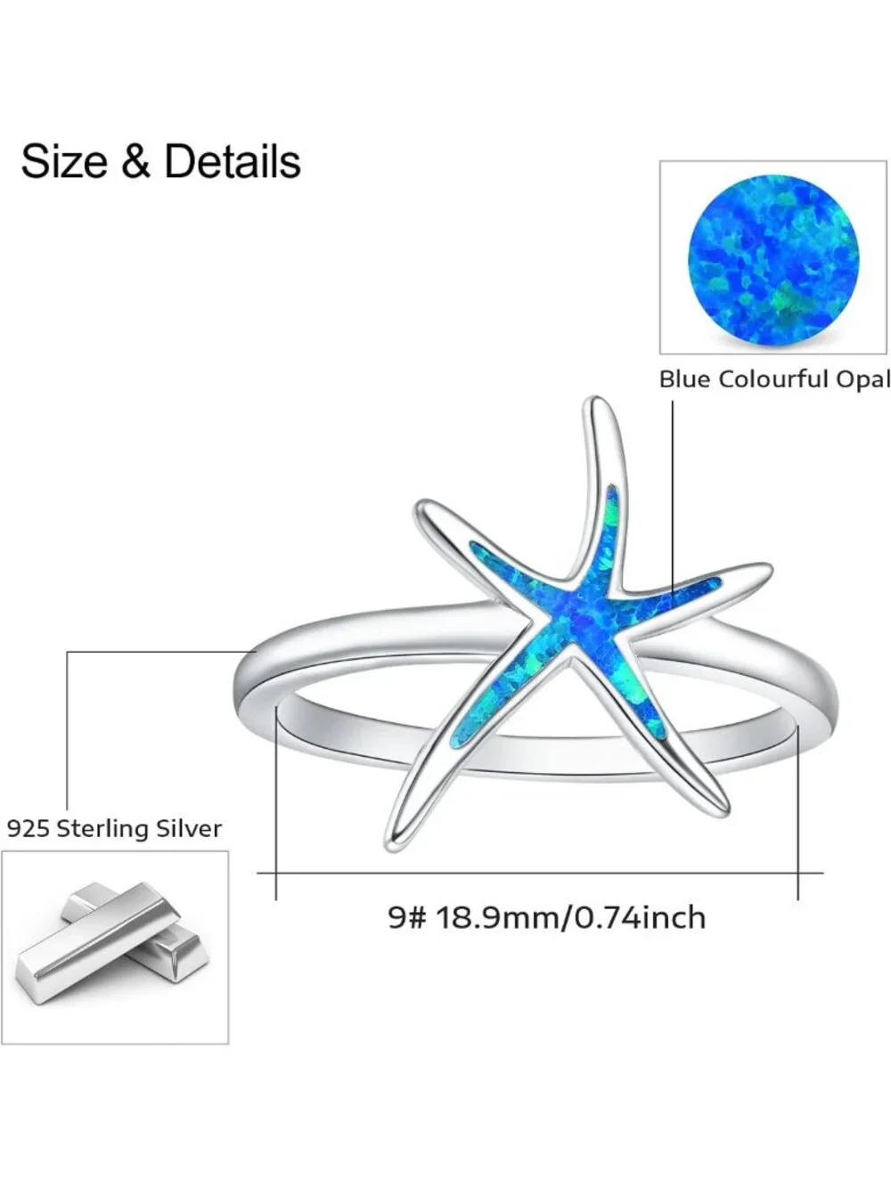 Elegant 925 Sterling Silver Starfish Ring with Blue Opal - Fashion Jewelry Gift